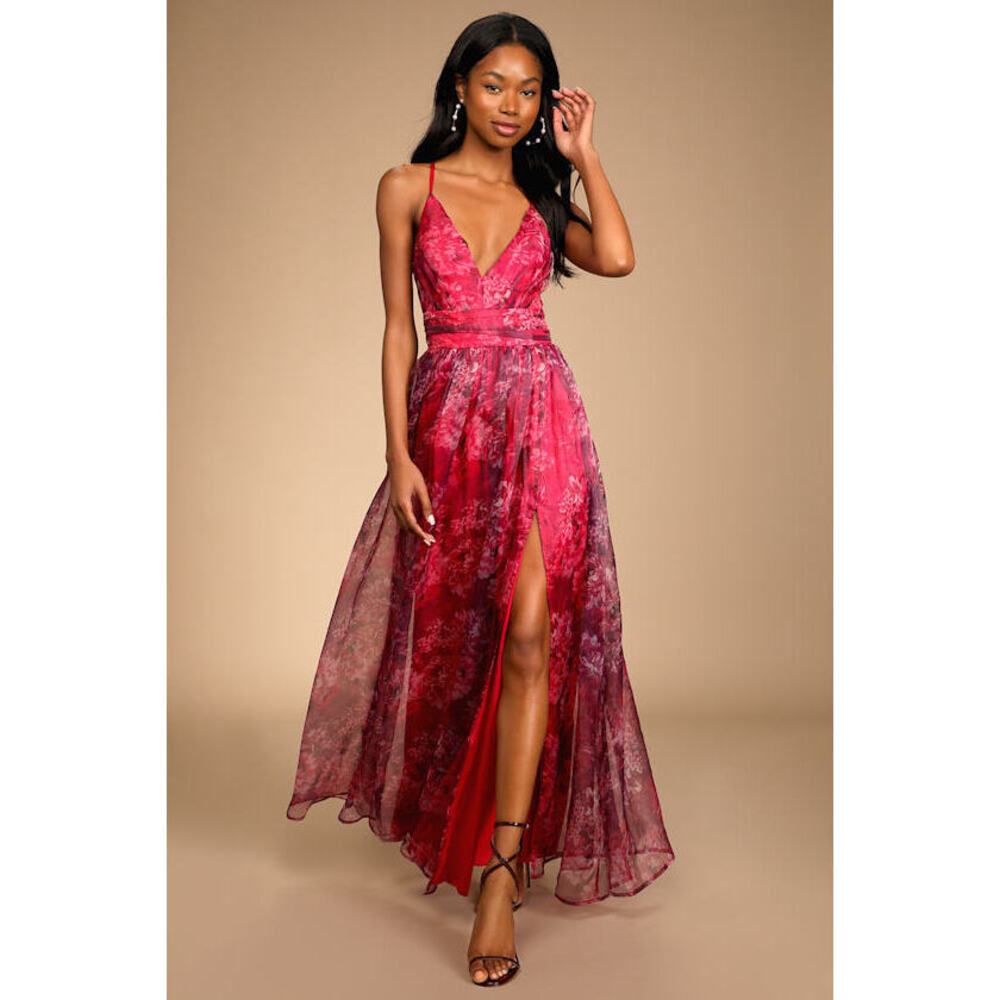 Lulus Romance That Wows Magenta Floral Print Organza Maxi Dress Pink - Size M